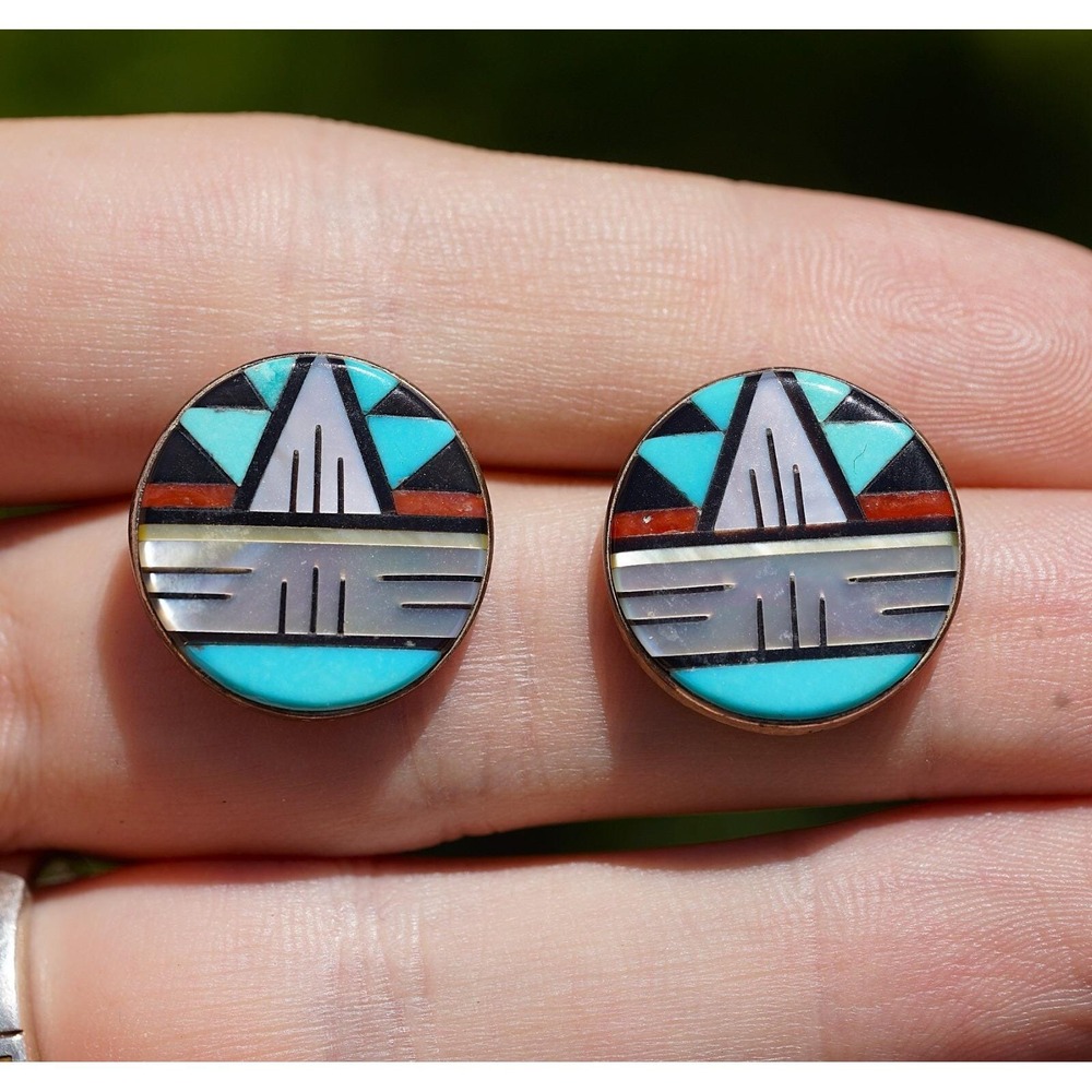 Old Pawn Zuni Native American Indian Sterling Silver Inlay‎ Multi Stone Earrings